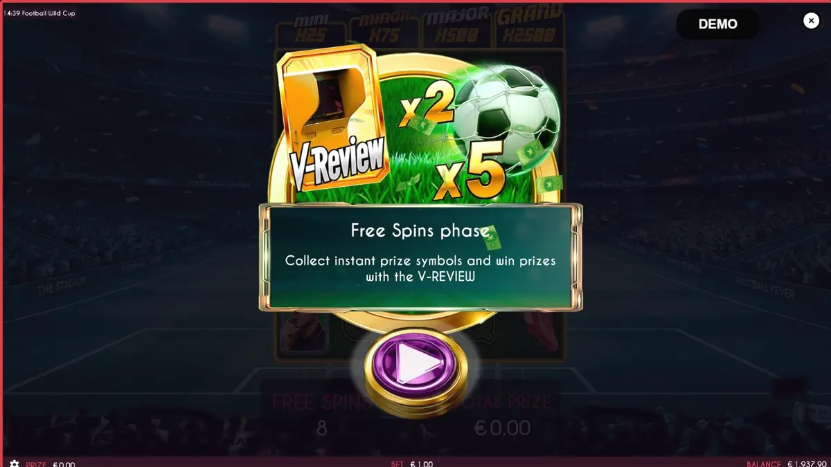 Tampilan visual slot Football Wild Cup dengan latar belakang stadion sepak bola yang megah.